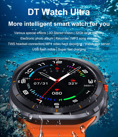 DT Watch Ultra with 3D Stereo Vision and waterproof design, showcasing features like MP4 decoding and fast charging.
