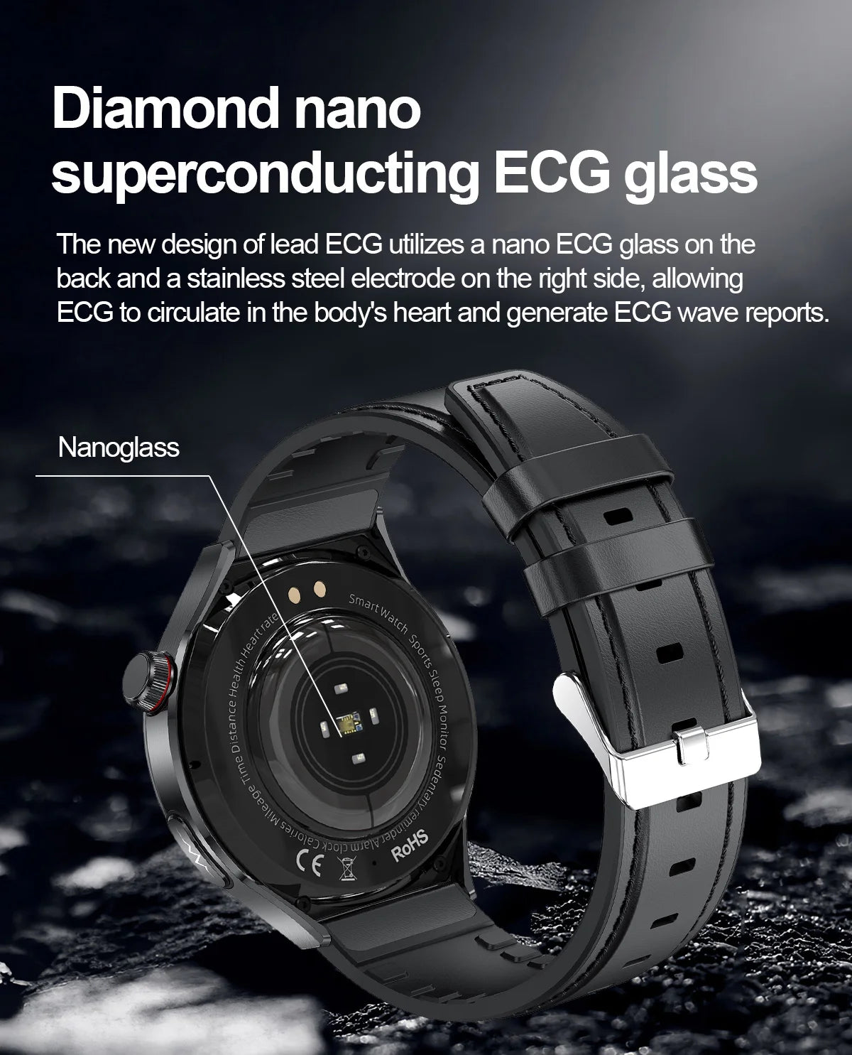 Health smartwatch featuring diamond nano superconductor ECG glass and stainless steel electrode for heart diagnostics.