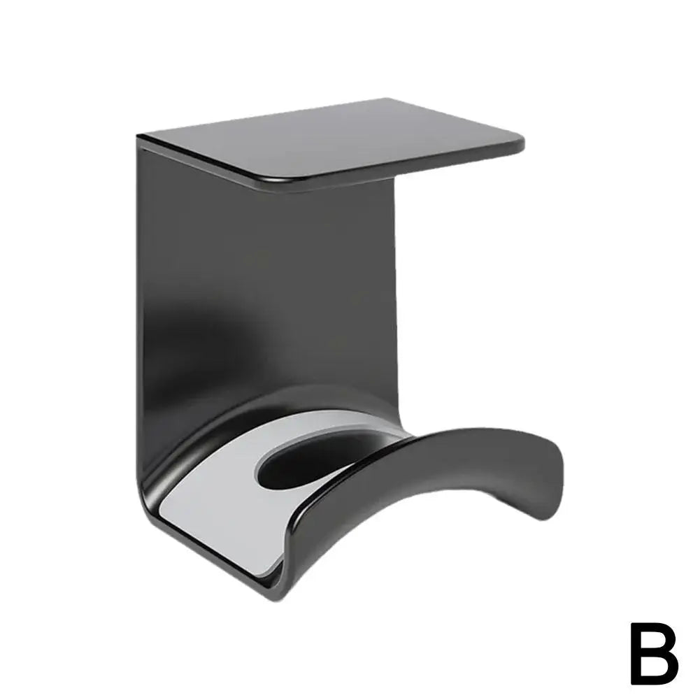 Universal headphone stand wall mount in sleek black, perfect for under-desk headset storage and organization.