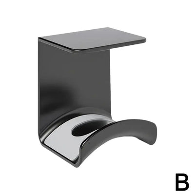 Universal headphone stand wall mount in sleek black, perfect for under-desk headset storage and organization.