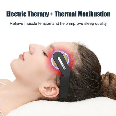 Woman using wireless head massager for electric therapy and improved sleep quality with thermal moxibustion.