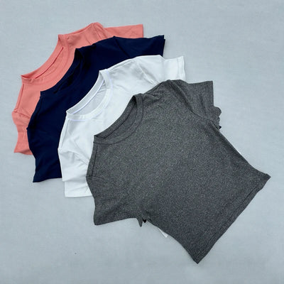 Five women's short sleeve sports t-shirts in gray, white, navy, pink, and black, featuring breathable and quick-drying fabric.