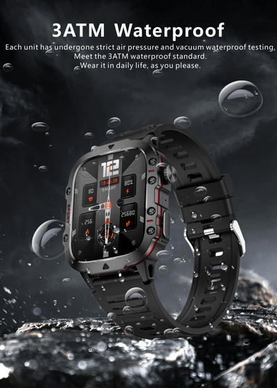 Rugged military smart watch showcasing 3ATM waterproof feature with water droplets, ideal for fitness tracking and outdoor use.