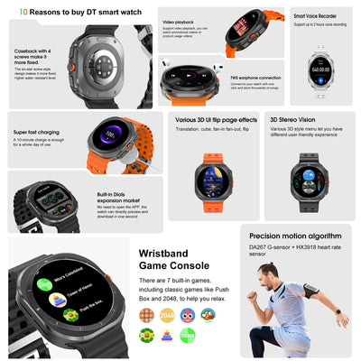 DT smartwatch featuring versatile functions like voice recording, 3D effects, and built-in games.