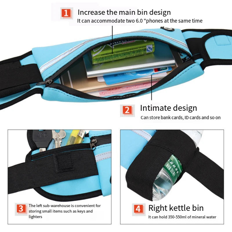 Waterproof running waist pack showing large storage, organized sections, and space for phones, cards, and bottles.