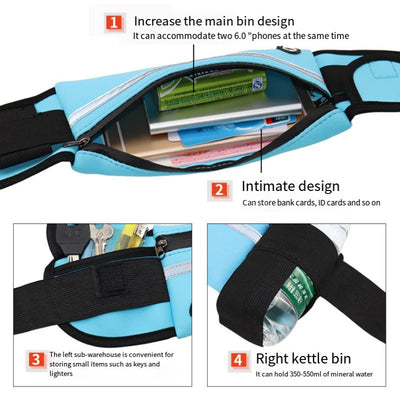 Waterproof running waist pack showing large storage, organized sections, and space for phones, cards, and bottles.