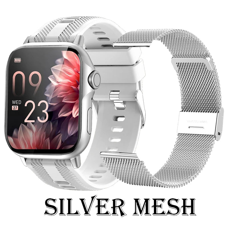 2025 waterproof smart watch for men and women features silver mesh band and sporty design.