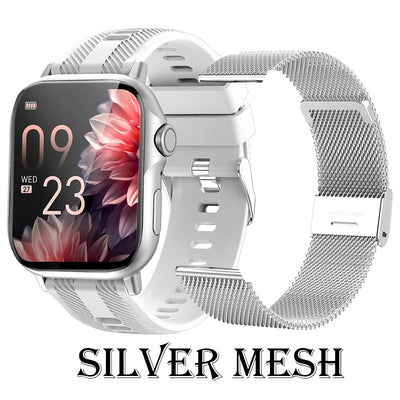 2025 waterproof smart watch for men and women features silver mesh band and sporty design.
