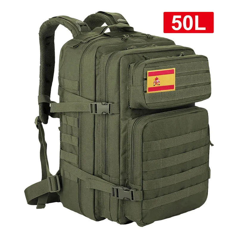 50L Tactical Backpack in olive green, featuring a flag patch, designed for outdoor activities and camping.