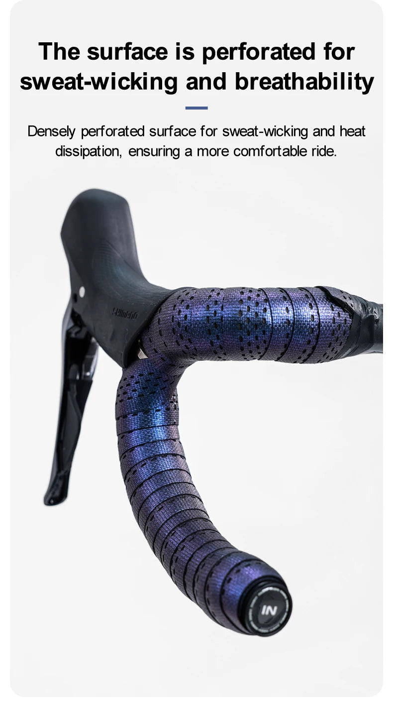 Close-up of INBIKE handlebar tape featuring a perforated surface for sweat-wicking and breathability during rides.