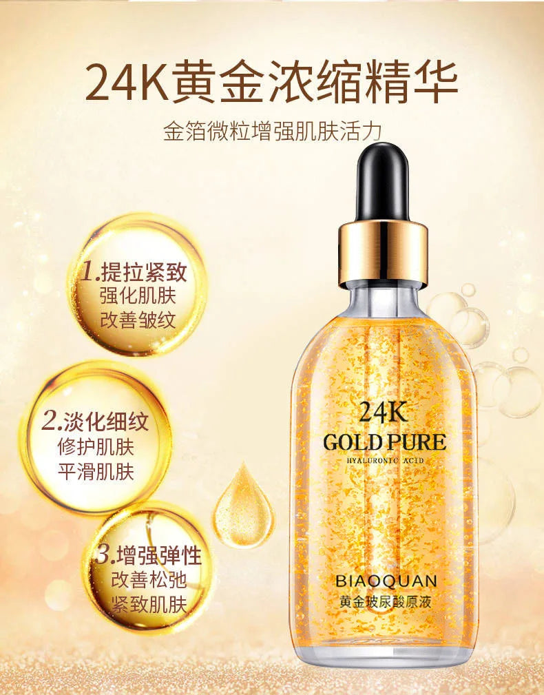 24K Gold Hyaluronic Acid face serum with moisturizing benefits, promoting skin elasticity and smoothness.