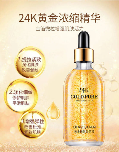 24K Gold Hyaluronic Acid face serum with moisturizing benefits, promoting skin elasticity and smoothness.