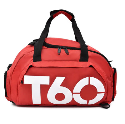 Red waterproof gym bag with T60 logo, ideal for men and women for fitness, yoga, and travel.