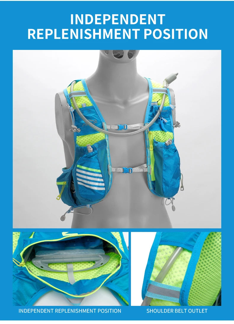 Hydration vest backpack for running and hiking, featuring independent replenishment position and shoulder belt outlet.