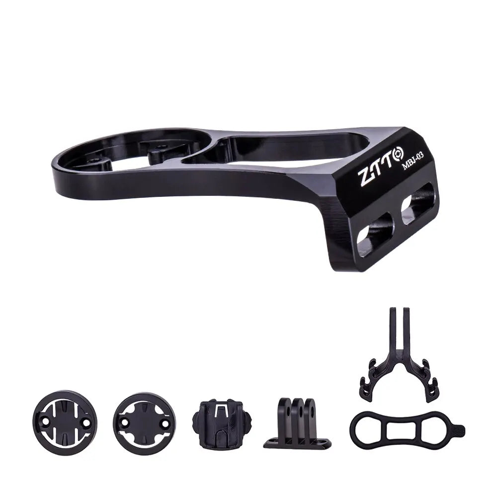 ZTTO bicycle stem computer mount for Garmin, Bryton, GoPro, and flashlight; durable aluminum design, compact and versatile.