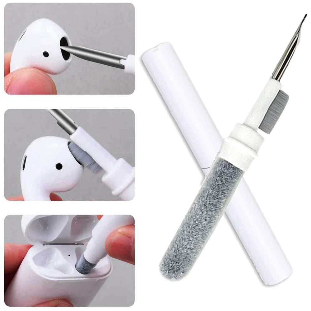 Bluetooth earphone cleaning kit with pen brush tool for AirPods, showing usage and features in white color.