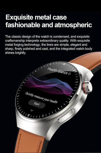 Health smartwatch with a stylish metal case, featuring health measurement interface and elegant design.