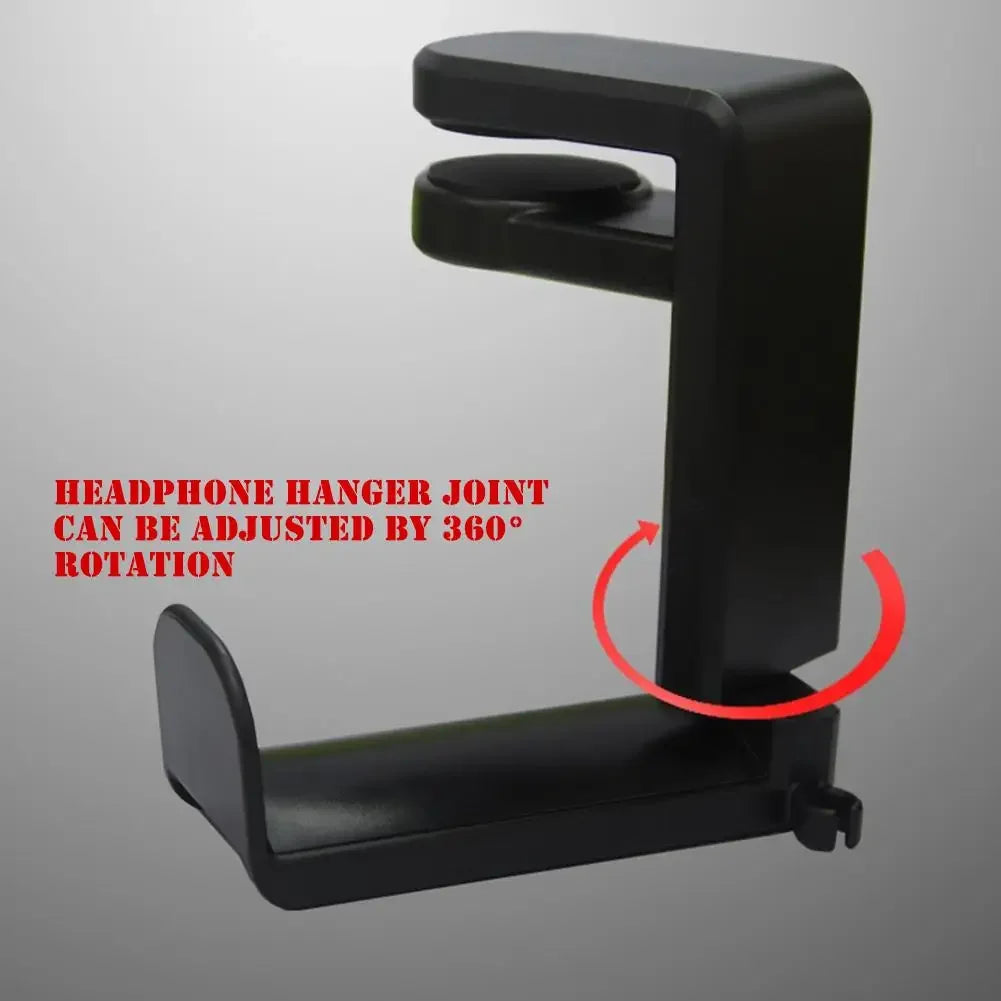 PC gaming headphone stand with adjustable 360° rotating arm clamp, designed for easy desk mount and storage.