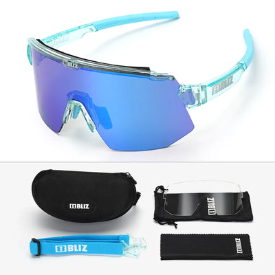 BLIZ Breeze polarized cycling glasses with blue lenses and accessories, UV protection for MTB and road biking.