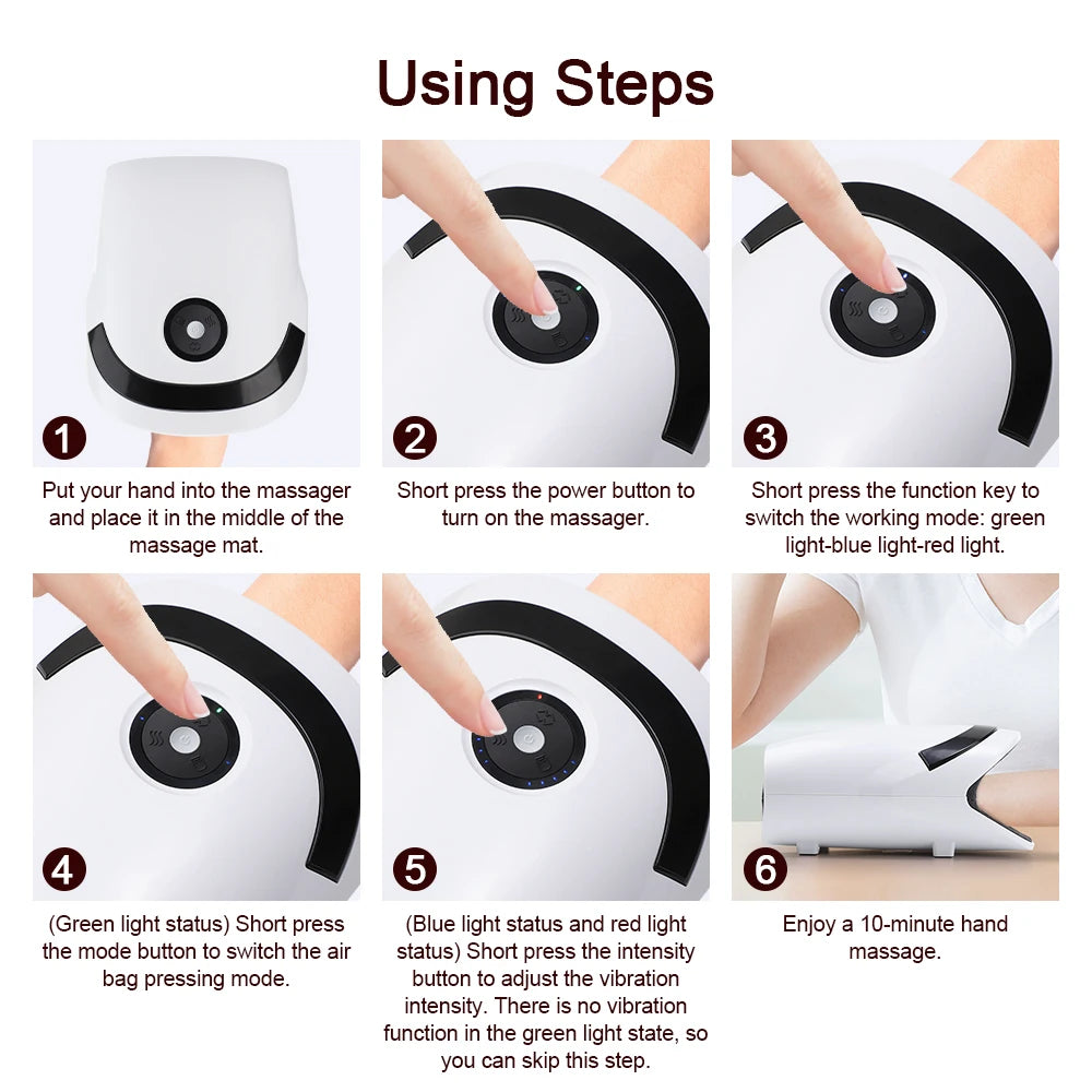 Step-by-step guide for using the Electric Hand Massage Airbag Compression device, featuring button functions and settings.