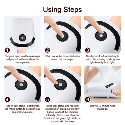Step-by-step guide for using the Electric Hand Massage Airbag Compression device, featuring button functions and settings.