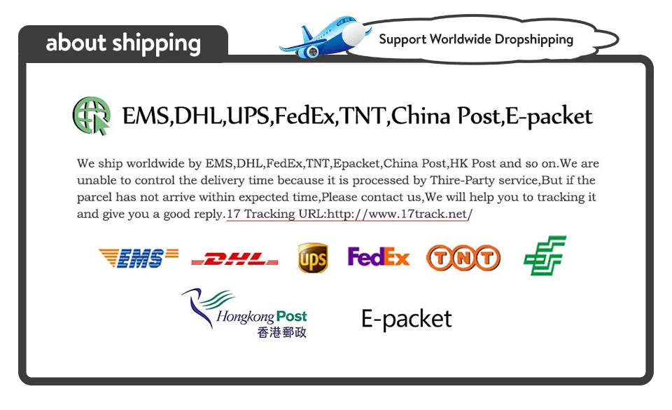 Shipping information with logos for EMS, DHL, UPS, FedEx, TNT, China Post, and E-packet services.