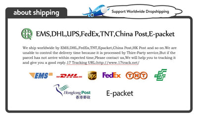 Shipping information with logos for EMS, DHL, UPS, FedEx, TNT, China Post, and E-packet services.