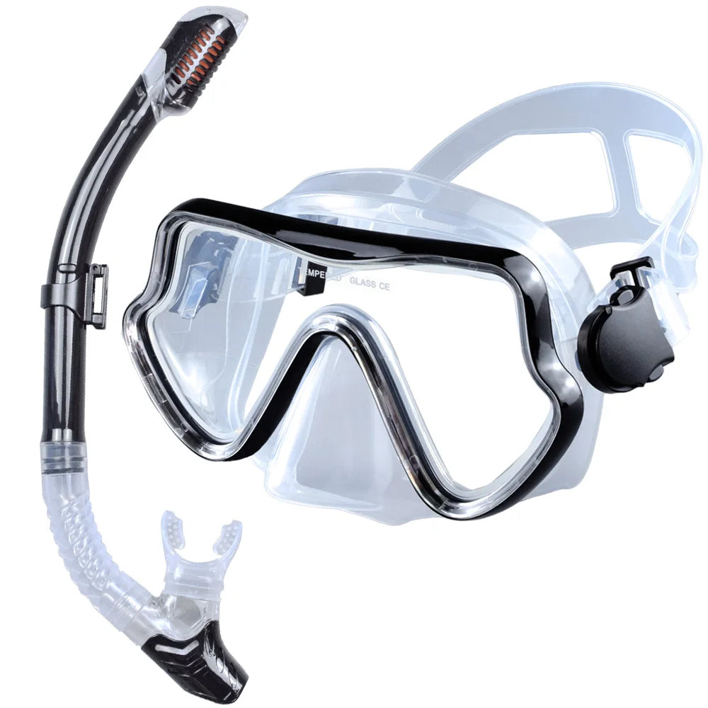 Scuba diving mask snorkel set featuring tempered glass and professional design for snorkeling and swimming training.