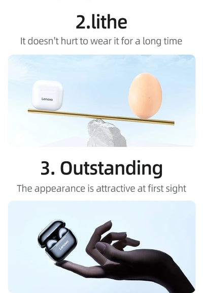 Lenovo wireless Bluetooth earphones showcased for comfort and attractive design, demonstrating stylish TWS technology.