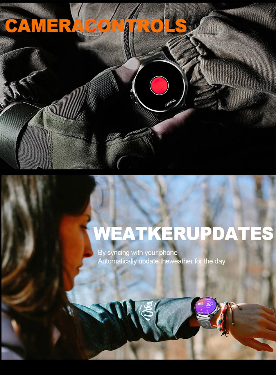 Image of a GPS smart watch showing camera controls and weather updates, designed for synced phone functionality.