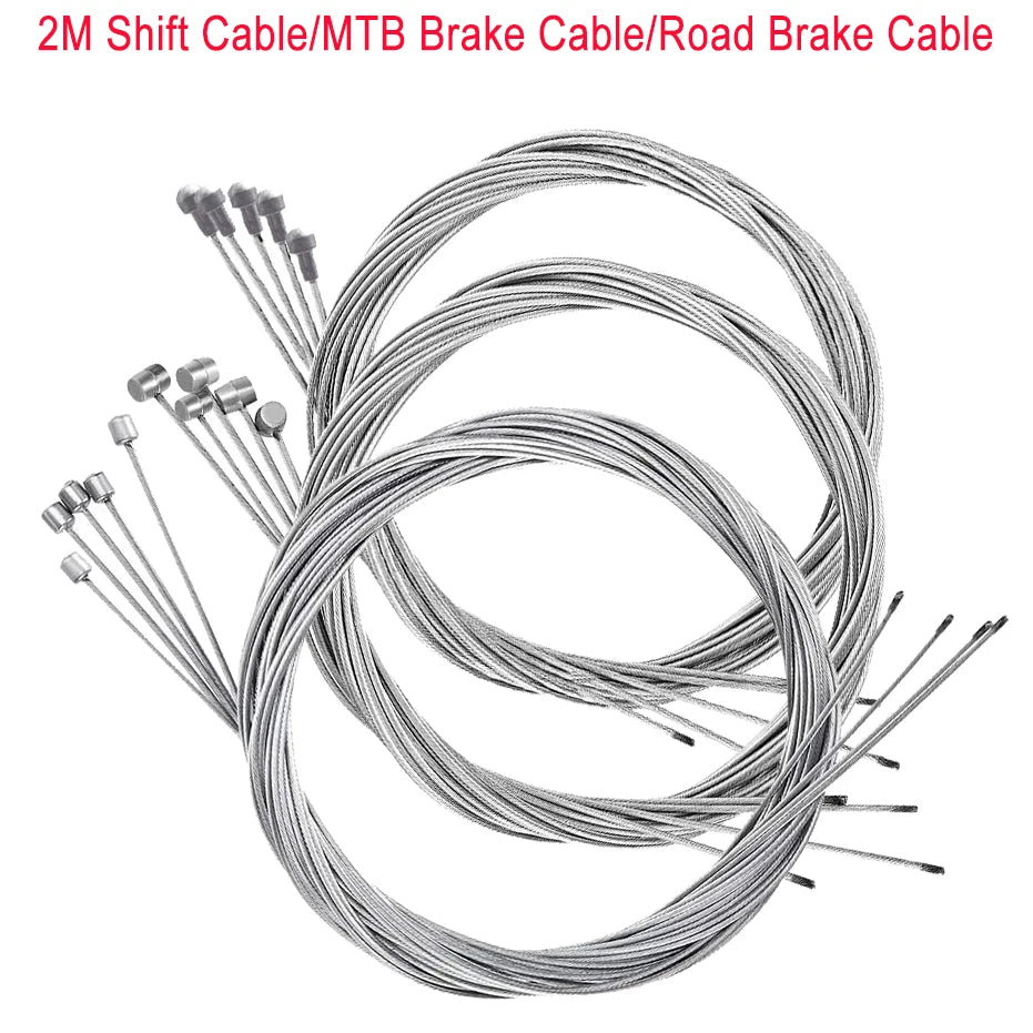 Stainless steel bike brake and gear cables for MTB and road bikes, 2M length, durable and reliable performance.