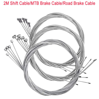 Stainless steel bike brake and gear cables for MTB and road bikes, 2M length, durable and reliable performance.