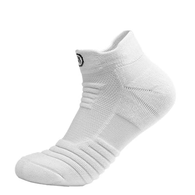 White elastic compression sports socks, breathable and designed for comfort during basketball activities.