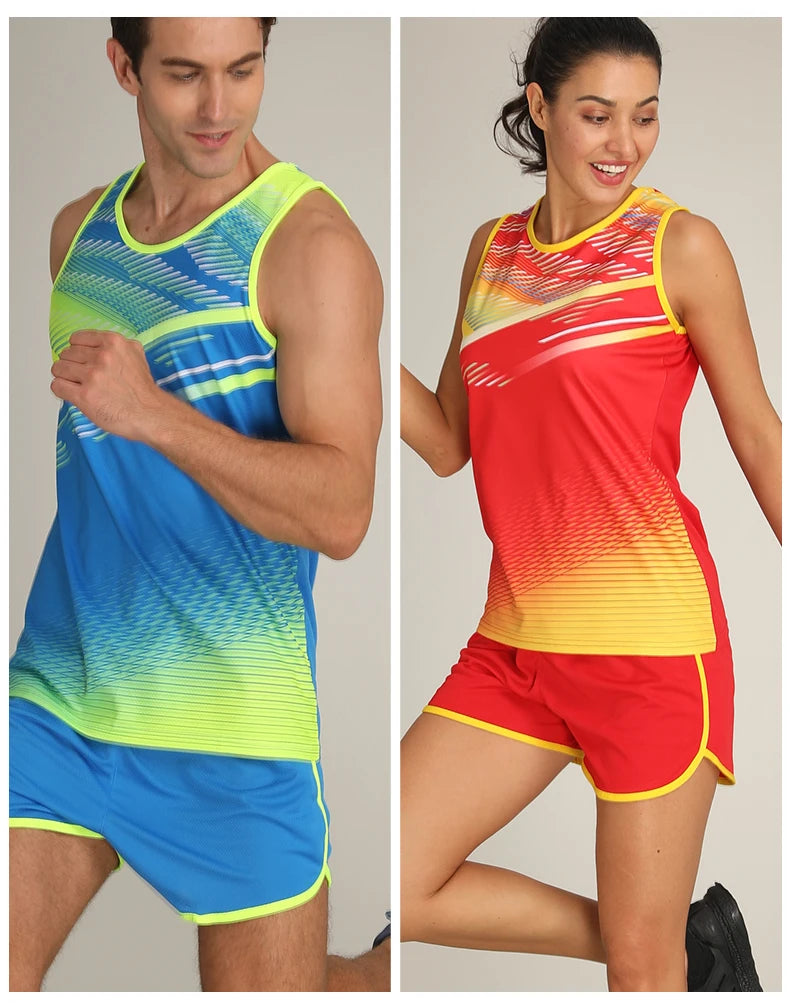Unisex custom marathon running suits featuring vibrant blue and red colors, ideal for track and field athletes.