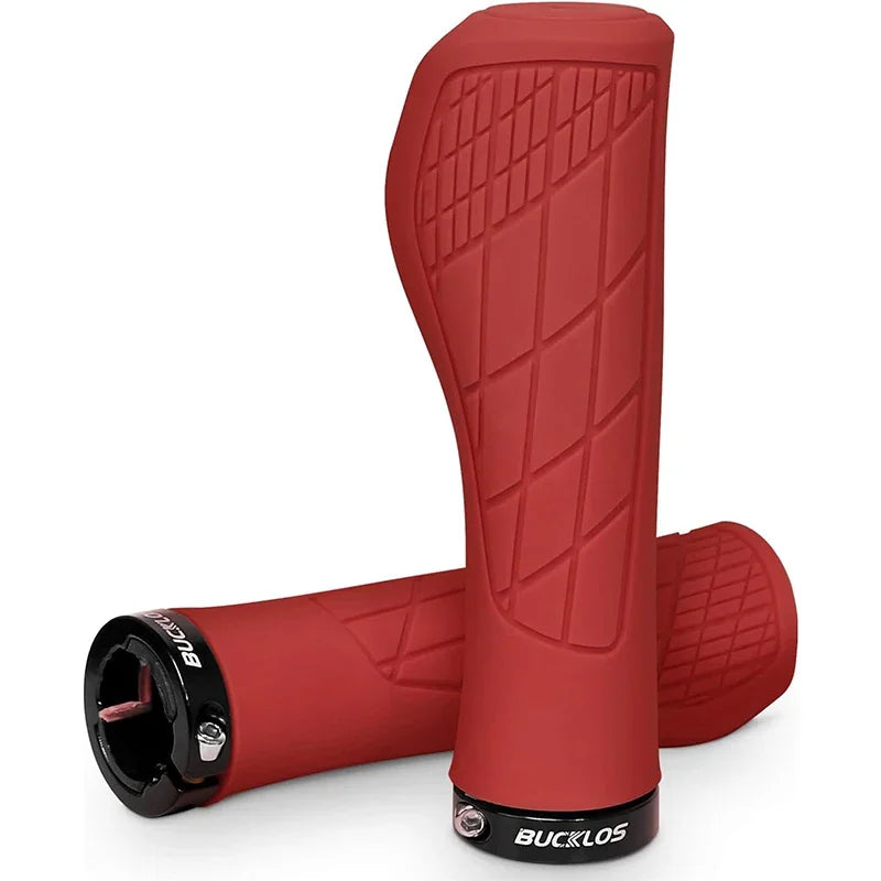 BUCKLOS ergonomic red MTB handlebar grips made of soft rubber, designed for 22.2MM handlebars, with lock-on feature.