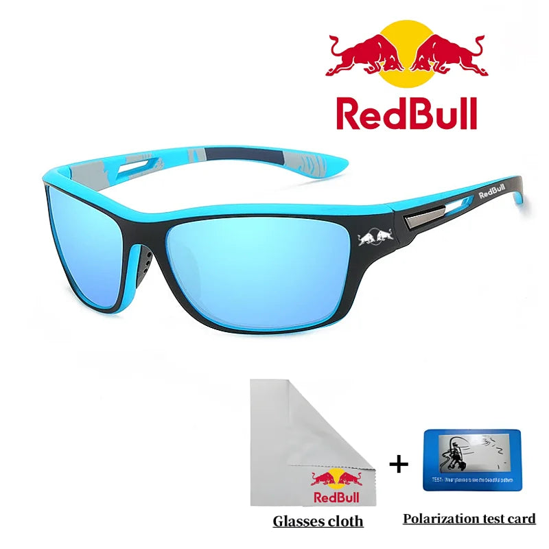 Red Bull polarized sunglasses for outdoor activities, includes glasses cloth and polarization test card.