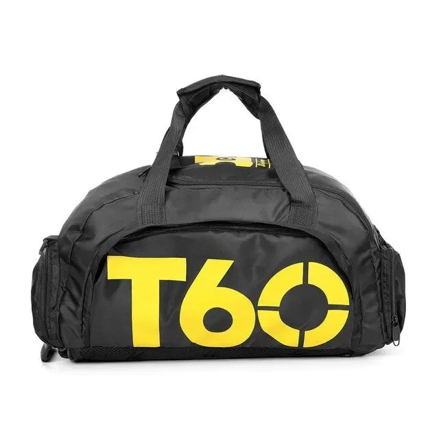 Black waterproof gym bag with yellow T60 logo, ideal for fitness, yoga, travel, and outdoor sports.