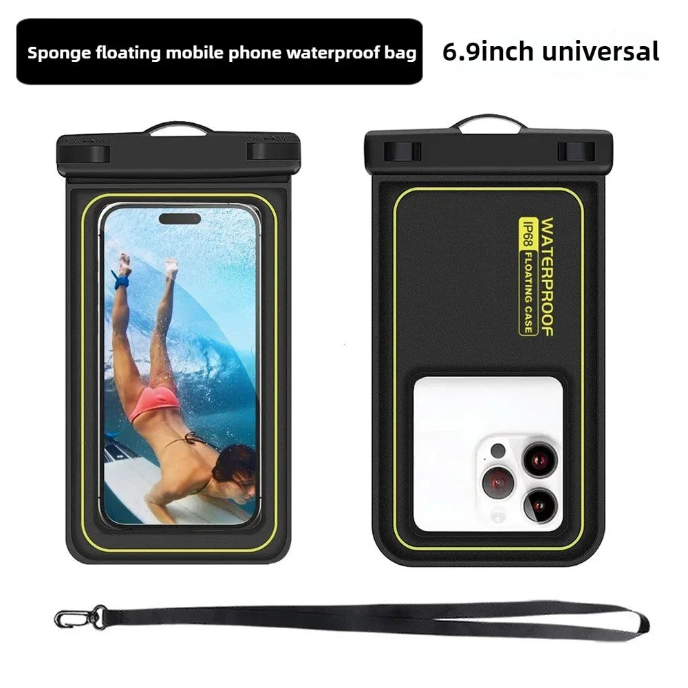 Sponge floating waterproof phone bag for swimming and surfing, fits 6.9 inch smartphones like iPhone and Samsung.