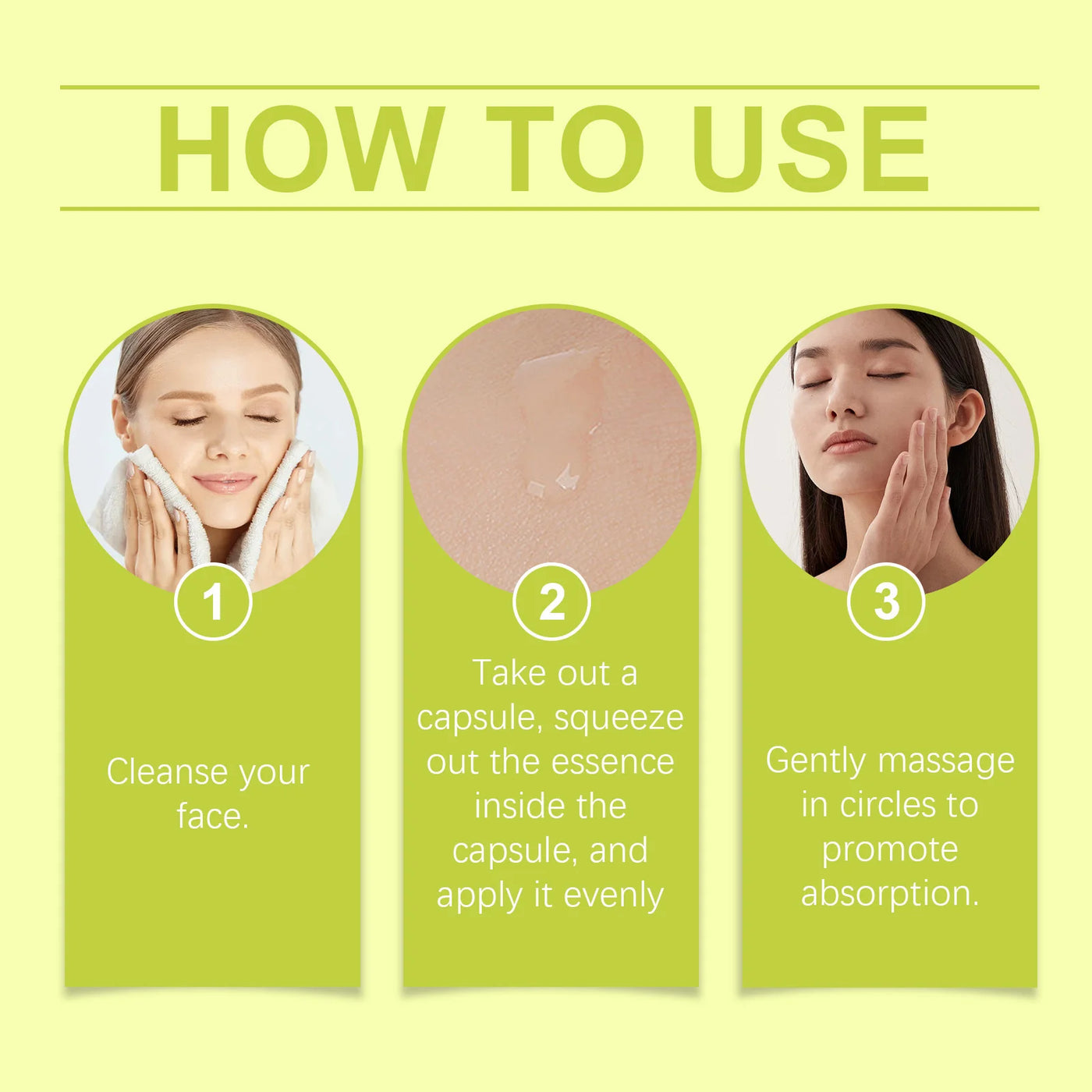 Instructions for using Vitamin E face essence capsules: cleanse, apply serum essence, and massage for absorption.
