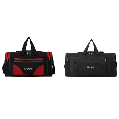 Large capacity sports bags in black and red, ideal for fitness, yoga, and outdoor activities, featuring multiple pockets.