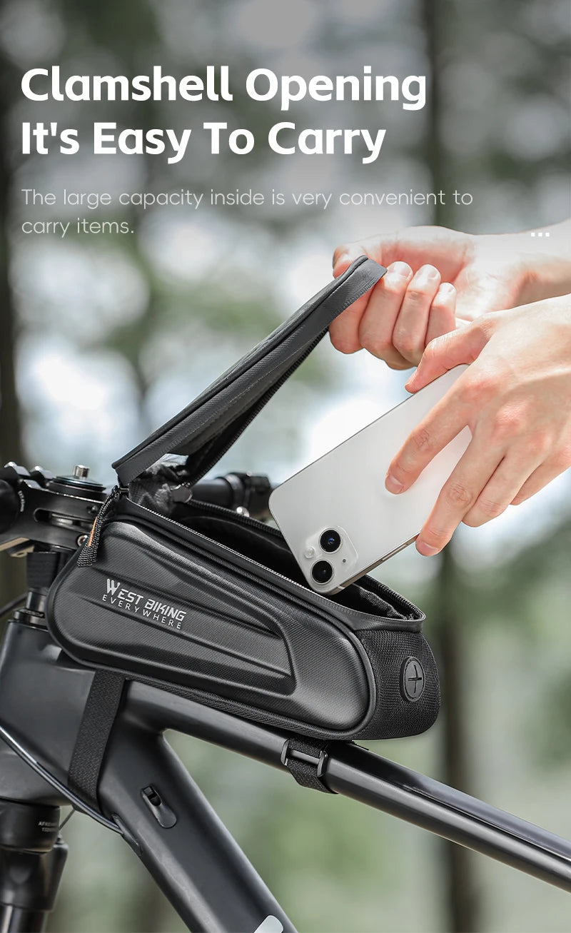 West Biking 7" bike phone bag with clamshell opening, showcasing large capacity, easy to carry items.