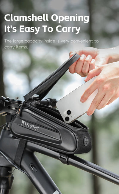 West Biking 7" bike phone bag with clamshell opening, showcasing large capacity, easy to carry items.