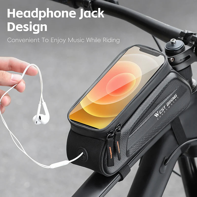 West Biking waterproof bike phone bag with headphone jack for music convenience while riding.