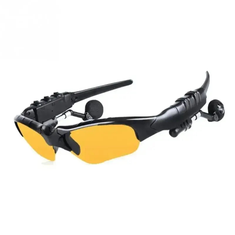 Wireless sunglasses headset with Bluetooth earphones, designed for driving and sports, featuring dynamic vocalism and ear hooks.