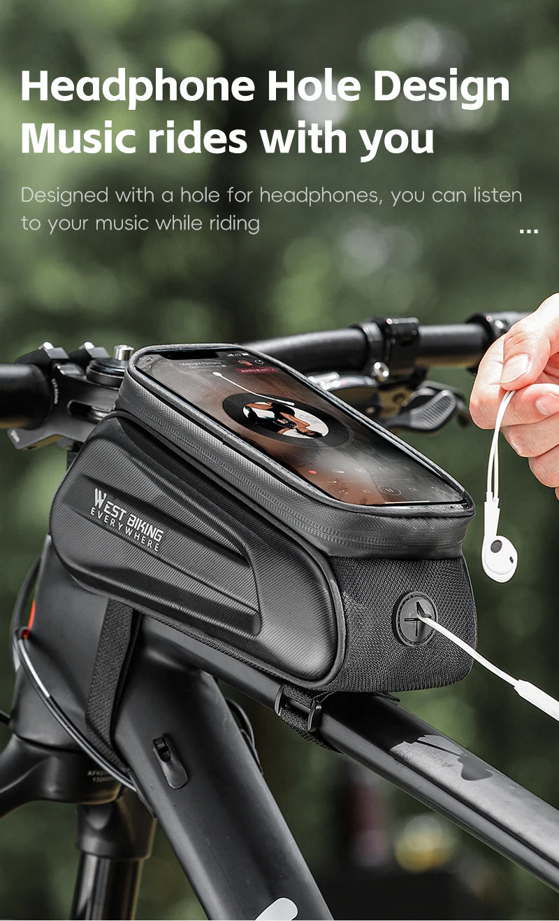 West Biking 7" bike phone bag with headphone hole, perfect for listening to music while riding.