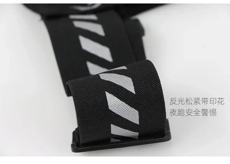 Close-up of reflective strap on running vest for safety during nighttime sports.