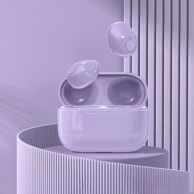 Mini invisible TWS earbuds in a purple charging case, showcasing wireless design and modern aesthetics.