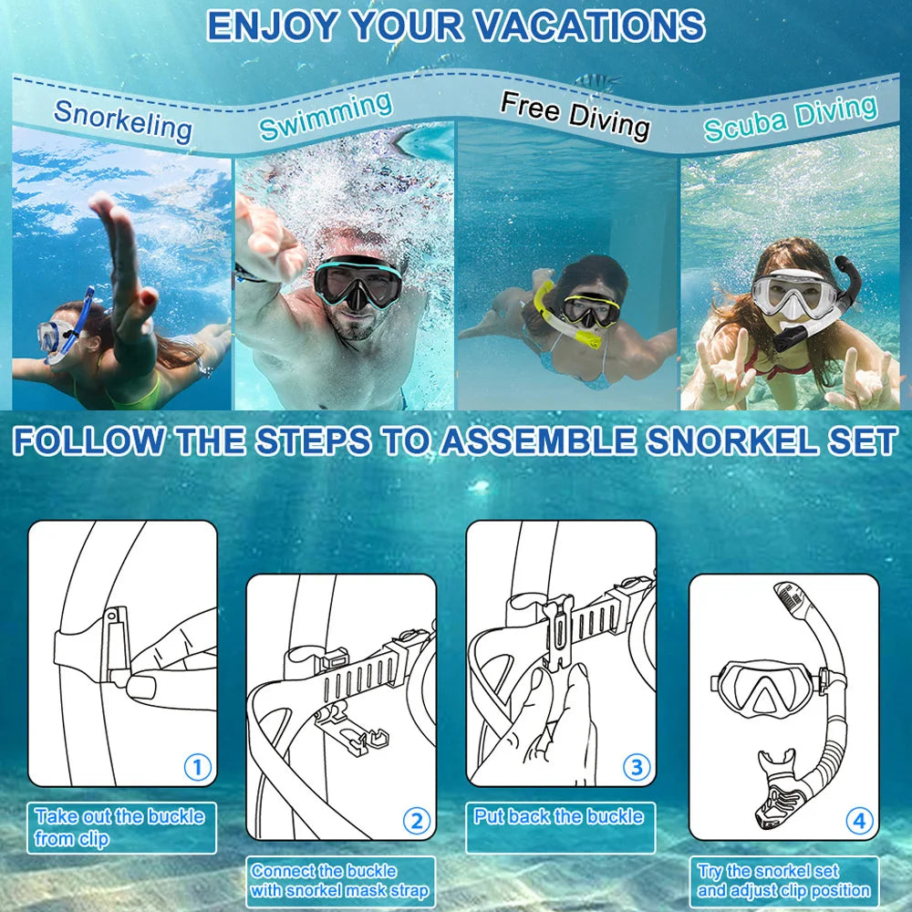 Infographic showing steps to assemble a scuba diving mask and snorkel set for snorkeling and diving enthusiasts.