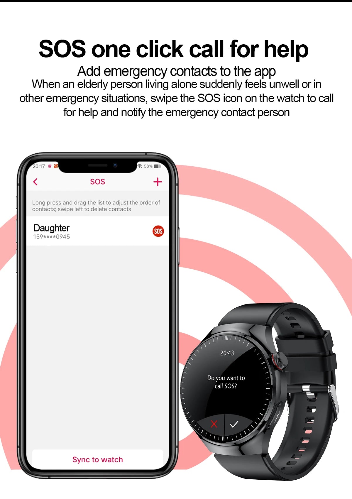 Health smartwatch displaying SOS call feature for emergency contacts and assistance.