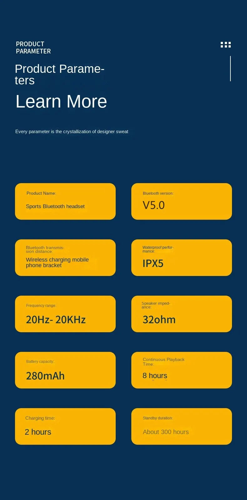 Product specifications for Sports Bluetooth headset including Bluetooth 5.0, IPX5 rating, battery life, and more.